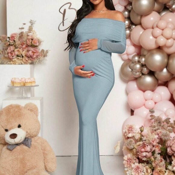 Baby Blue Elegant Women's Maternity Foldover Off Shoulder Mermaid Hem Dress - Picture 7 of 7